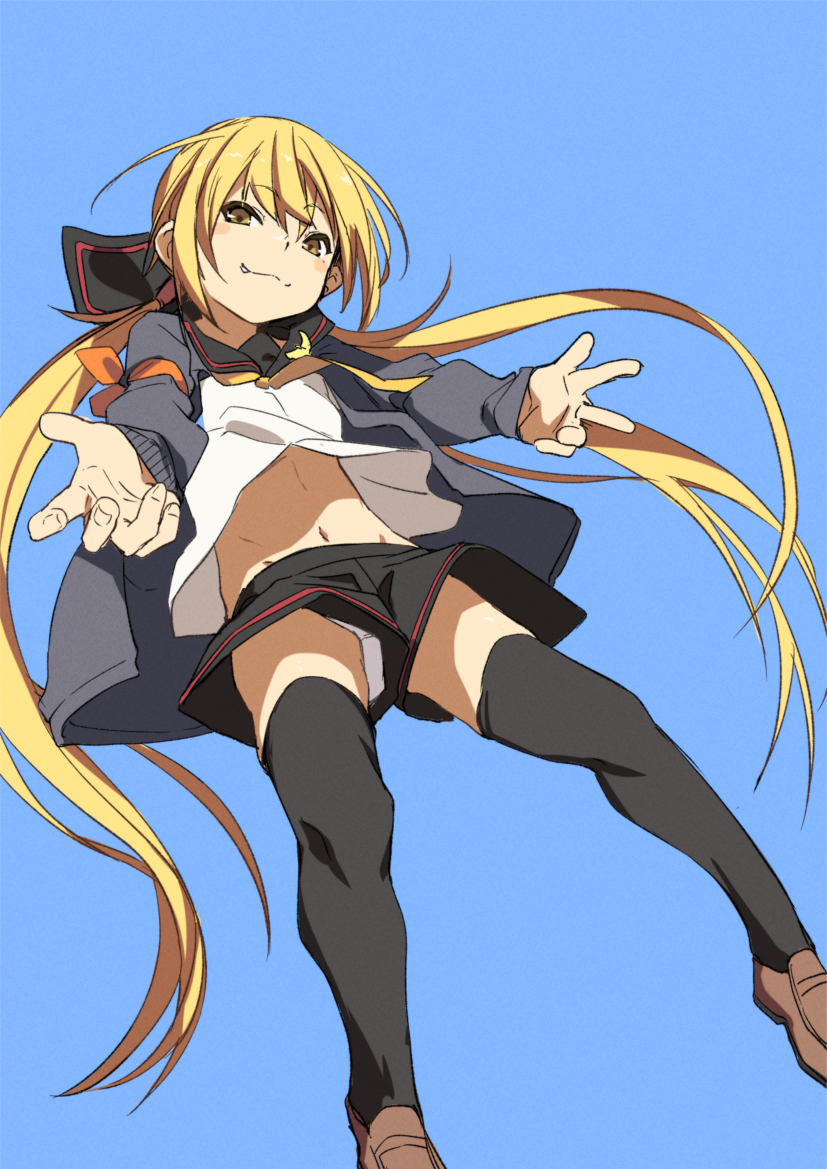 1girl black_cardigan black_legwear black_sailor_collar black_skirt blonde_hair blue_background blush_stickers brown_footwear cardigan commentary_request fu-ta kantai_collection long_hair long_sleeves low_twintails navel neckerchief panties pleated_skirt remodel_(kantai_collection) sailor_collar satsuki_(kantai_collection) shoes simple_background skirt smile solo thigh-highs twintails underwear white_panties yellow_eyes yellow_neckwear