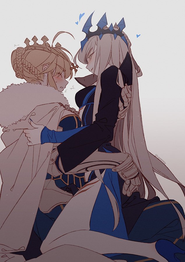 2girls artoria_pendragon_(all) artoria_pendragon_(lancer) blonde_hair blush braid closed_eyes crown eyebrows_visible_through_hair eyes_visible_through_hair fate/grand_order fate_(series) floating_heart french_braid gauntlets incest kawacy morgan_le_fay_(fate) multiple_girls siblings sisters tattoo white_hair yuri