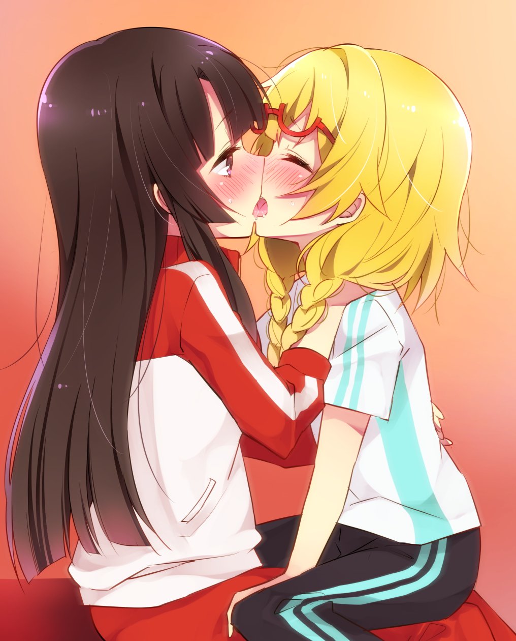 2girls bangs black_hair blonde_hair blunt_bangs blunt_ends blush braid closed_eyes commentary_request eyebrows_visible_through_hair french_kiss full-face_blush glasses gradient gradient_background hand_on_another's_hip hand_on_another's_shoulder hasegawa_mii highres hime_cut ichikishima_mizuha jacket kiss long_hair multiple_girls pants re:stage! red-framed_eyewear semi-rimless_eyewear shirt sitting sitting_on_lap sitting_on_person sk02 straddling sweat t-shirt track_jacket track_pants track_suit twin_braids under-rim_eyewear upright_straddle violet_eyes yuri