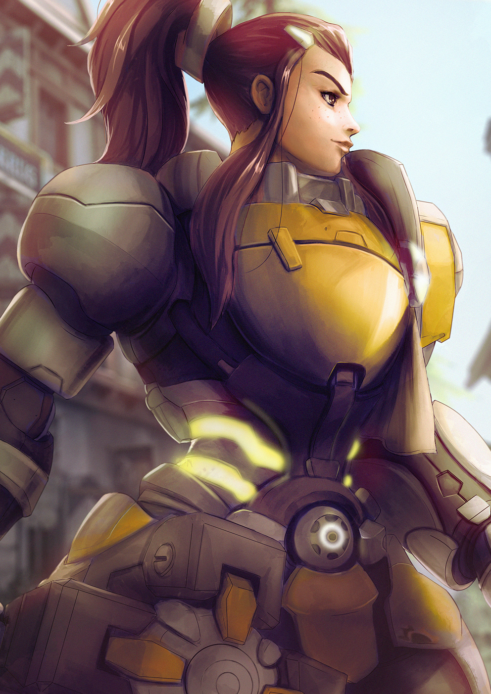 1girl armor breastplate brigitte_(overwatch) brown_eyes brown_hair day faulds freckles from_side hair_ornament hair_pulled_back hairclip high_ponytail highres holding holding_weapon long_hair looking_to_the_side mace neon_trim overwatch ponytail solo vincent_andrada weapon