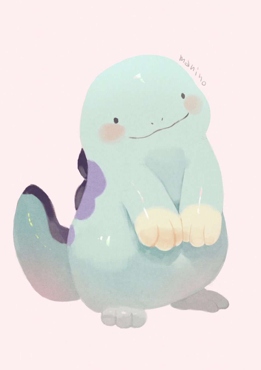 artist_name blush_stickers closed_mouth commentary_request full_body gen_2_pokemon highres manino_(mofuritaionaka) no_humans pink_background pokemon pokemon_(creature) quagsire signature smile solid_circle_eyes solo