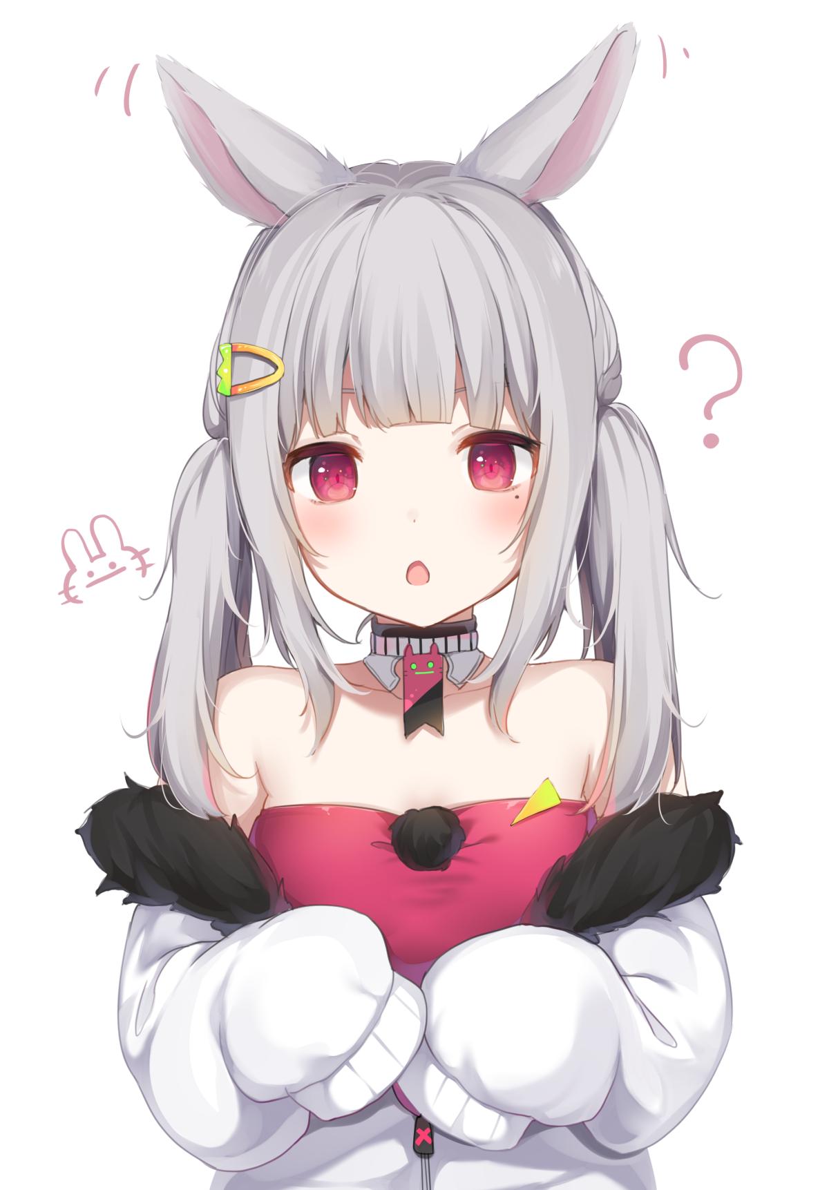 1girl :o ? amashiro_natsuki animal_ears bangs bare_shoulders blush breasts carrot_hair_ornament collarbone commentary dress eyebrows_behind_hair food_themed_hair_ornament fur-trimmed_jacket fur_trim grey_hair hair_ornament highres jacket long_hair long_sleeves mole mole_under_eye off_shoulder open_clothes open_jacket open_mouth original rabbit_ears red_dress red_eyes sidelocks sleeves_past_fingers sleeves_past_wrists small_breasts solo spread_legs strapless strapless_dress symbol_commentary twintails upper_body white_background white_jacket