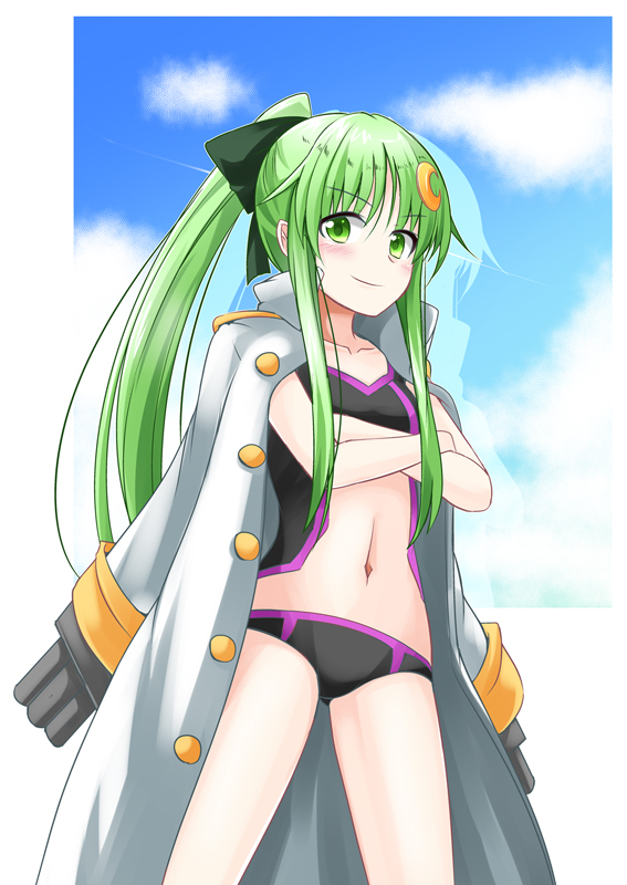 1girl alternate_costume bikini black_bikini bow clouds cloudy_sky collarbone commentary_request crescent crescent_hair_ornament crossed_arms eyebrows_visible_through_hair green_eyes green_hair hair_between_eyes hair_bow hair_ornament ichimi jacket kantai_collection long_hair looking_at_viewer nagatsuki_(kantai_collection) navel open_clothes open_jacket sidelocks sky solo swimsuit v-shaped_eyebrows