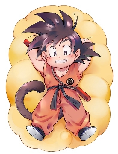 1boy arms_behind_head ayo_(isy8800) black_eyes black_hair dougi dragon_ball dragon_ball_(classic) flying_nimbus full_body grin lying male_focus monkey_tail on_back power_pole smile solo son_gokuu tail