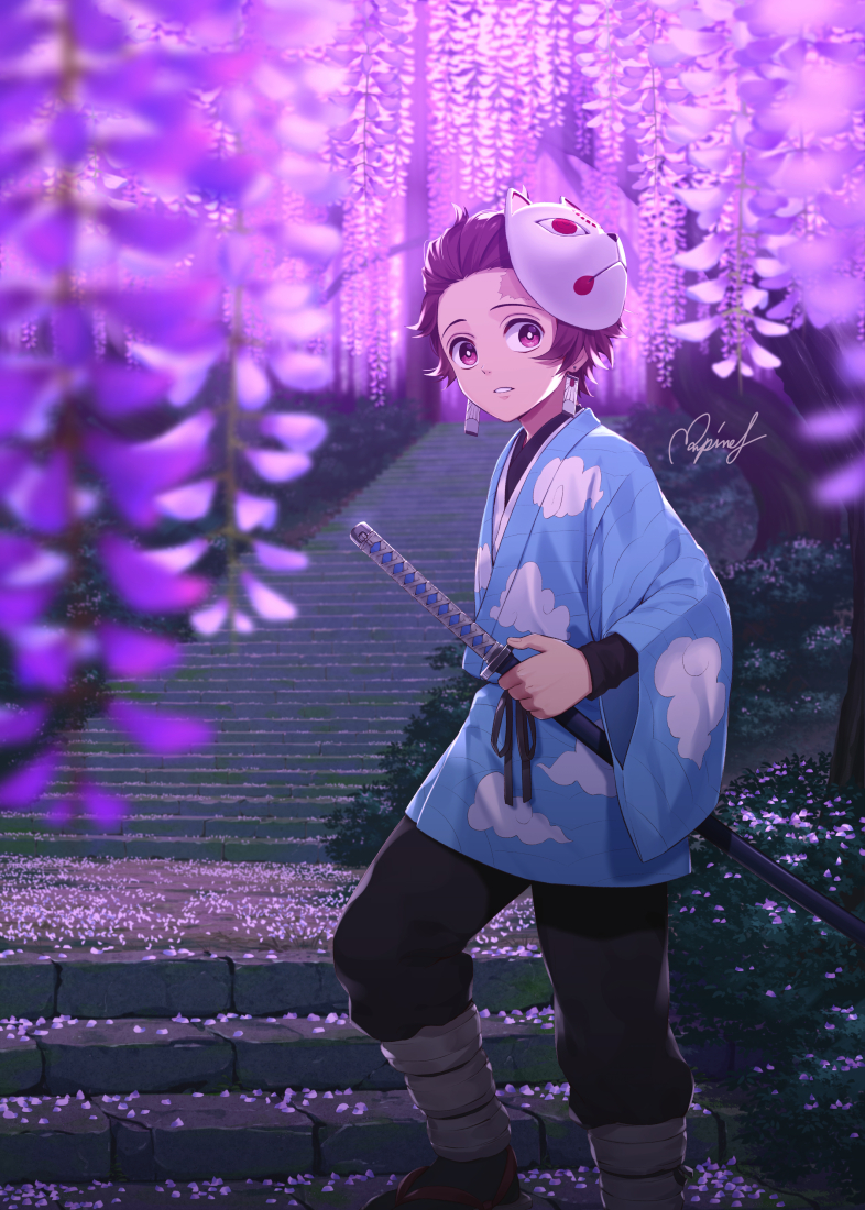 1boy brown_hair cloud_print commentary_request earrings feet_out_of_frame flower fox_mask haori japanese_clothes jewelry kamado_tanjirou katana kimetsu_no_yaiba looking_at_viewer male_focus mask mask_on_head outdoors parted_lips petals pink_eyes purple_flower rupinesu sheath sheathed signature solo stairs standing sword tree weapon wisteria