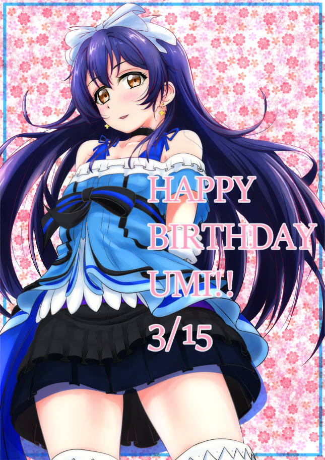 1girl arms_behind_back bangs bare_shoulders birthday blue_hair blush bow character_name commentary_request daikichi dated dress earrings english_text eyebrows_visible_through_hair floral_background gloves hair_between_eyes hair_bow hair_ornament happy_birthday jewelry kira-kira_sensation! long_hair looking_at_viewer love_live! love_live!_school_idol_project simple_background smile solo sonoda_umi standing thigh-highs white_gloves white_legwear yellow_eyes