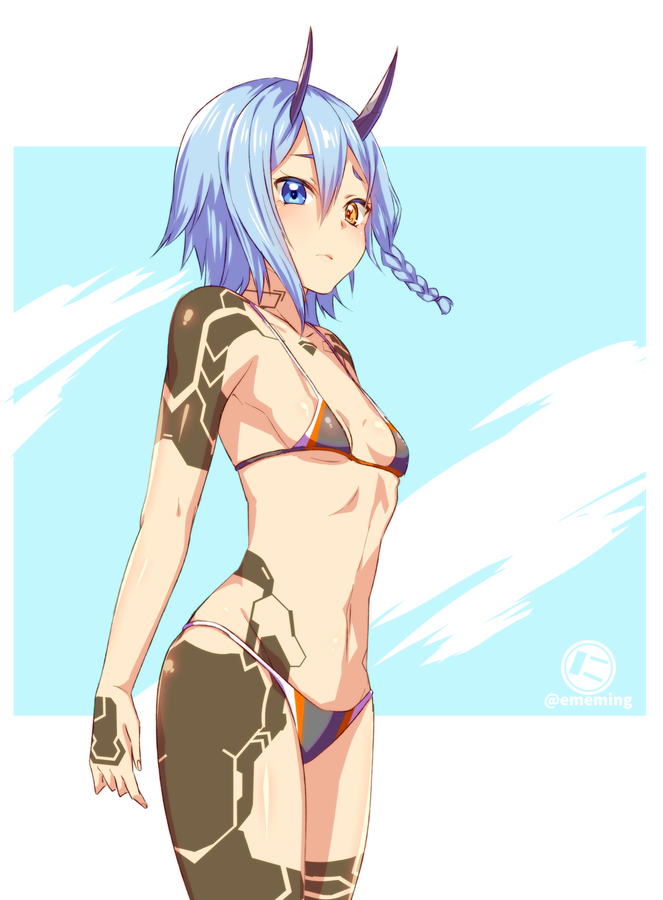 1girl artist_name bare_shoulders bikini black_bikini blue_eyes blue_hair blush braid breasts breasts_apart closed_mouth collarbone cowboy_shot hair_between_eyes heterochromia horns io_(pso2) looking_at_viewer navel nyanmaru_(ememing) phantasy_star phantasy_star_online_2 short_hair side_braid small_breasts solo stomach swimsuit tattoo two-tone_background yellow_eyes