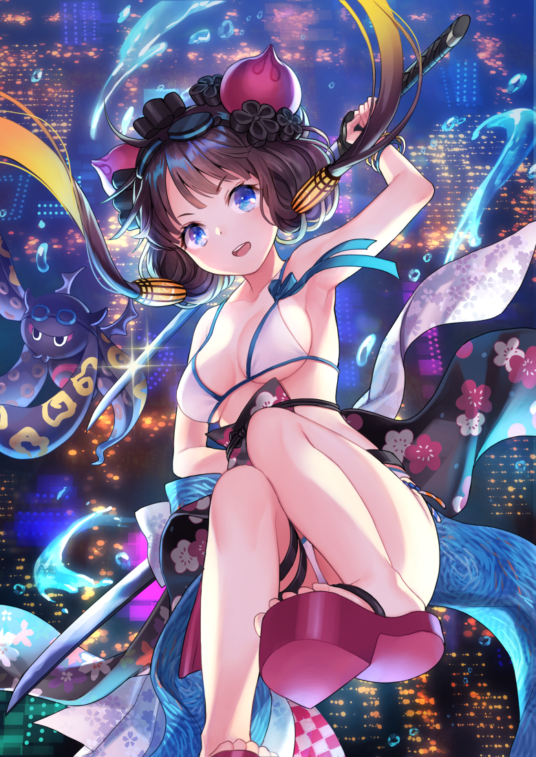 1girl arm_up armpits bangle bare_arms bare_shoulders bikini blue_eyes bracelet breasts brown_hair collarbone commentary_request fate/grand_order fate_(series) floating_hair floral_print glint hair_ornament holding holding_sword holding_weapon jewelry katana katsushika_hokusai_(fate/grand_order) katsushika_hokusai_(swimsuit_saber)_(fate) long_hair looking_at_viewer medium_breasts octopus open_mouth platform_footwear swimsuit sword thigh_strap tokitarou_(fate/grand_order) water weapon white_bikini yamyom