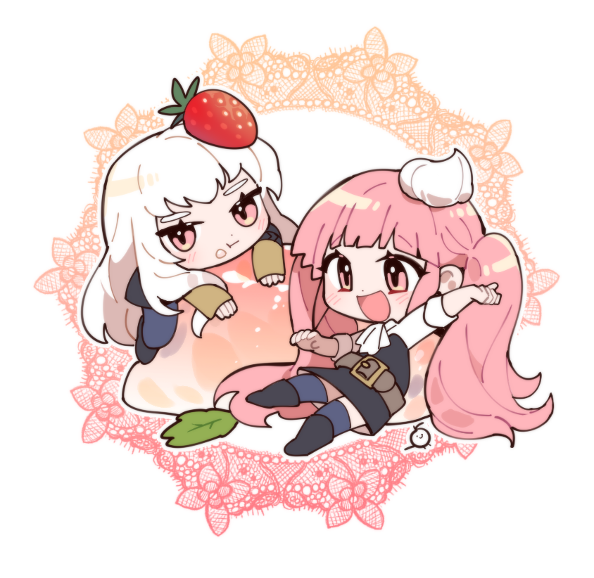 2girls belt blue_legwear chibi closed_mouth fire_emblem fire_emblem:_three_houses food food_on_face friedbirdchips fruit hilda_valentine_goneril long_hair long_sleeves lysithea_von_ordelia multiple_girls open_mouth pink_eyes pink_hair strawberry thigh-highs twintails uniform white_hair