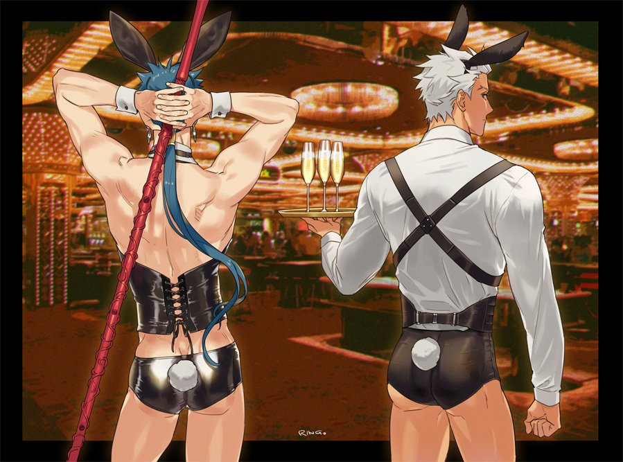 2boys alcohol animal_ears archer arms_behind_head artist_name black_shorts blue_hair bunny_boy casino champagne champagne_flute clenched_hand closed_mouth contrapposto cup dark_skin dark_skinned_male detached_collar drinking_glass fake_animal_ears fake_tail fate/stay_night fate_(series) from_behind g0ringo gae_bolg lace-up lancer long_hair looking_at_another looking_at_viewer male_focus multiple_boys photo_background polearm ponytail shirt short_shorts shorts silver_hair spear suspenders tail tray very_long_hair weapon white_shirt wrist_cuffs