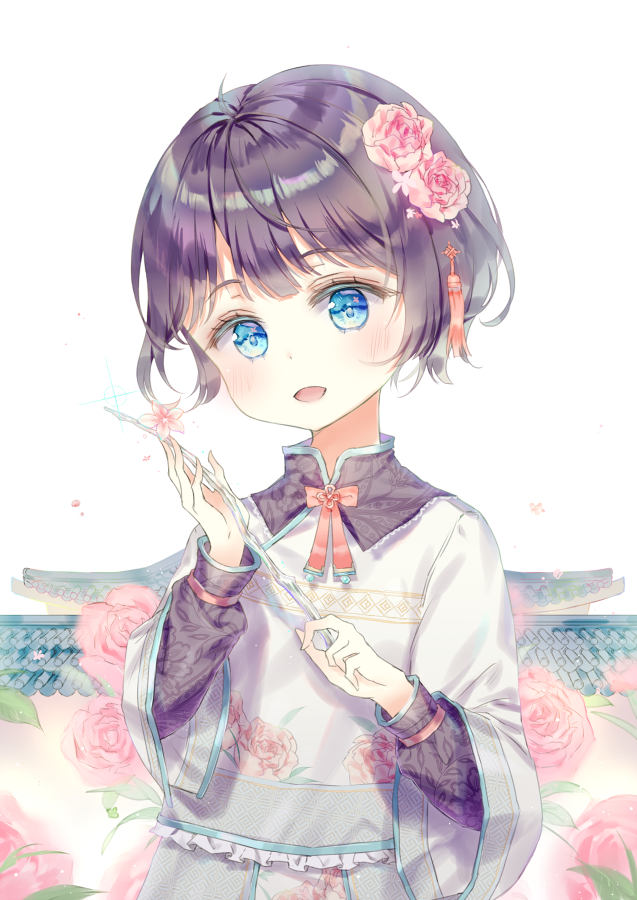 1girl :d bangs blue_eyes blush bow commission eyebrows_visible_through_hair flower frilled_shirt frills hair_flower hair_ornament head_tilt holding long_sleeves looking_at_viewer open_mouth original pink_flower pink_rose purple_hair qlakwnd red_bow rose shirt short_hair simple_background smile solo upper_body white_background white_shirt wide_sleeves