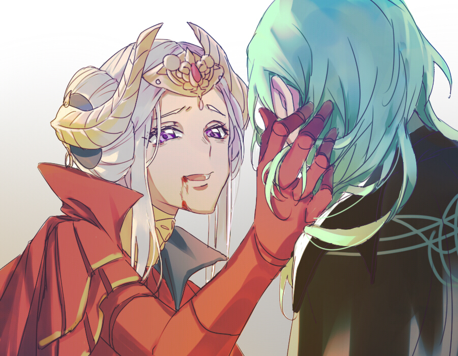 2girls artist_request blonde_hair blood blood_from_mouth byleth_(fire_emblem) dying edelgard_von_hresvelg fire_emblem fire_emblem:_three_houses green_hair hair_ornament long_hair multiple_girls older sad short_hair simple_background smile spoilers years