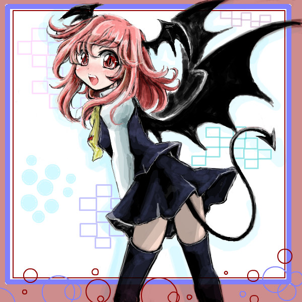 1girl black_legwear black_skirt black_vest blush border commentary_request demon_tail demon_wings dress eyebrows_visible_through_hair feet_out_of_frame head_wings koakuma long_sleeves looking_at_viewer looking_to_the_side medium_hair nanashii_(soregasisan) open_mouth puffy_long_sleeves puffy_sleeves red_eyes redhead shirt simple_background skirt smile solo tail thigh-highs touhou upper_teeth vest white_shirt wings yellow_neckwear