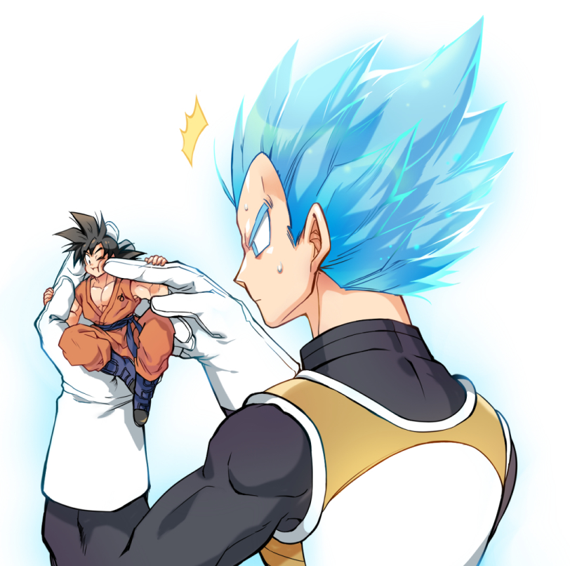 2boys armor ayo_(isy8800) black_eyes black_hair blue_eyes blue_footwear blue_hair cheek_poking dougi dragon_ball dragon_ball_super gloves male_focus miniboy multiple_boys muscle one_eye_closed poking son_gokuu super_saiyan_blue sweatdrop vegeta white_gloves