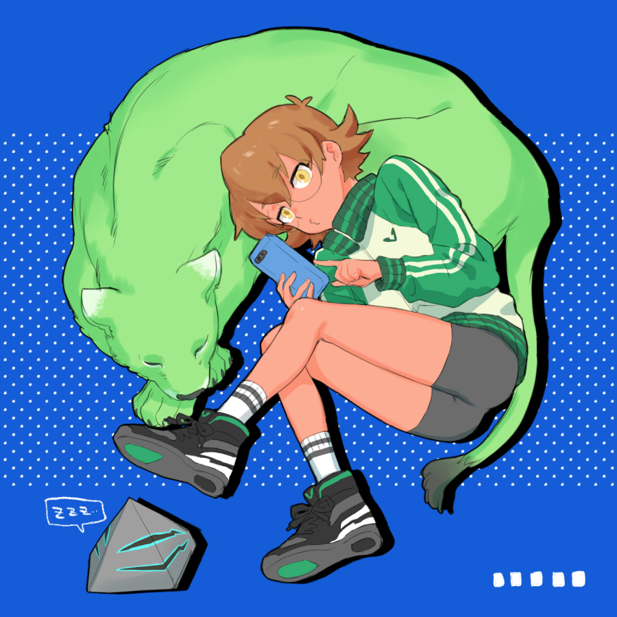 1girl animal bike_shorts black_shorts brown_eyes brown_hair full_body glasses hyakujuu-ou_golion jacket midori-jishi o3o pidge_gunderson ponzu_(beetle_burner) shoes short_hair shorts smile sneakers tiger voltron:_legendary_defender