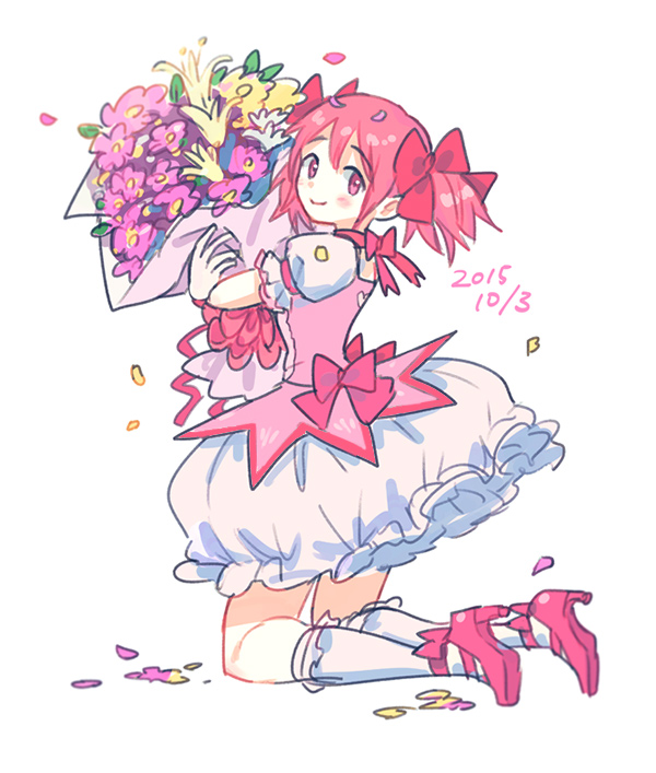 1girl 2015 blush bouquet choker dated eyebrows_visible_through_hair flower frilled_skirt frills full_body gloves hair_ribbon happy holding holding_bouquet holding_flower kaname_madoka kneeling leaf looking_back mahou_shoujo_madoka_magica petals pink_choker pink_eyes pink_flower pink_footwear pink_hair pink_neckwear pink_ribbon puffy_short_sleeves puffy_sleeves ribbon saji_(mei-low) short_sleeves short_twintails simple_background skirt smile socks solo thigh-highs twintails white_background white_flower white_gloves white_legwear white_skirt yellow_flower zettai_ryouiki