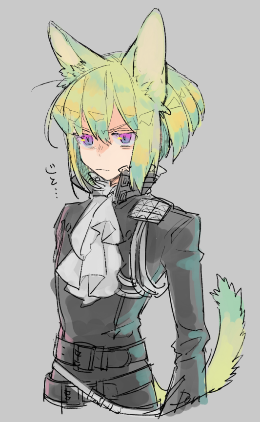 1boy animal_ears bangs belt belt_buckle black_belt buckle closed_mouth green_hair grey_background hair_between_eyes lio_fotia male_focus prma_d promare simple_background sketch solo tail upper_body v-shaped_eyebrows violet_eyes white_belt