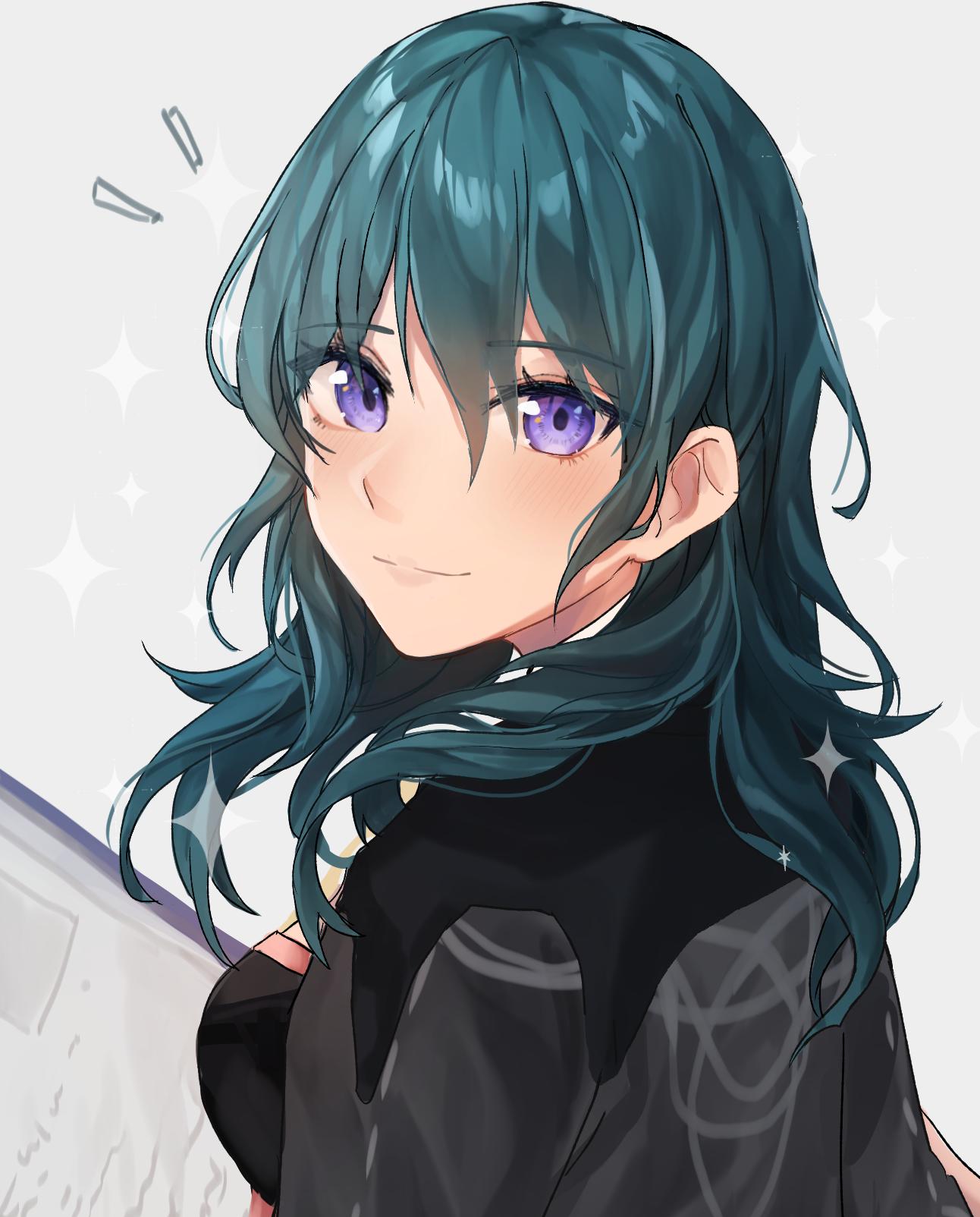 1girl blue_eyes blue_hair byleth_(fire_emblem) byleth_eisner_(female) closed_mouth fire_emblem fire_emblem:_three_houses from_side grey_background highres medium_hair oretsuu simple_background smile solo upper_body