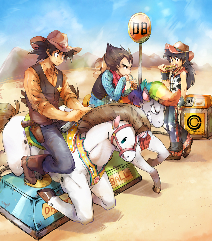 3boys animal_print ayo_(isy8800) black_eyes black_hair blue_sky boots brown_footwear cow_print cowboy_hat desert dragon_ball dragon_ball_z drinking drinking_straw eating glass gun handgun hat hat_removed headwear_removed holster holstered_weapon hot_dog kiddie_ride long_hair male_focus mechanical_horse mountain multiple_boys neckerchief plaid plaid_shirt revolver sheriff_badge shirt sign sky son_gohan son_gokuu vegeta vest weapon