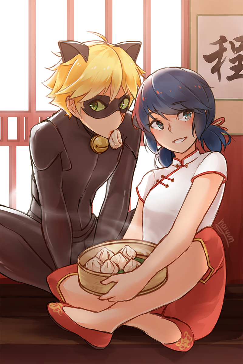 1boy 1girl animal_ears artist_name bangs bell black_bodysuit blonde_hair blue_eyes blue_hair bodysuit cat_ears catboy chat_noir chinese_clothes commentary_request domino_mask eyebrows_visible_through_hair grin haiyun highres holding in_mouth long_hair marinette_dupain-cheng mask miraculous_ladybug short_hair sitting smile teeth translated twintails