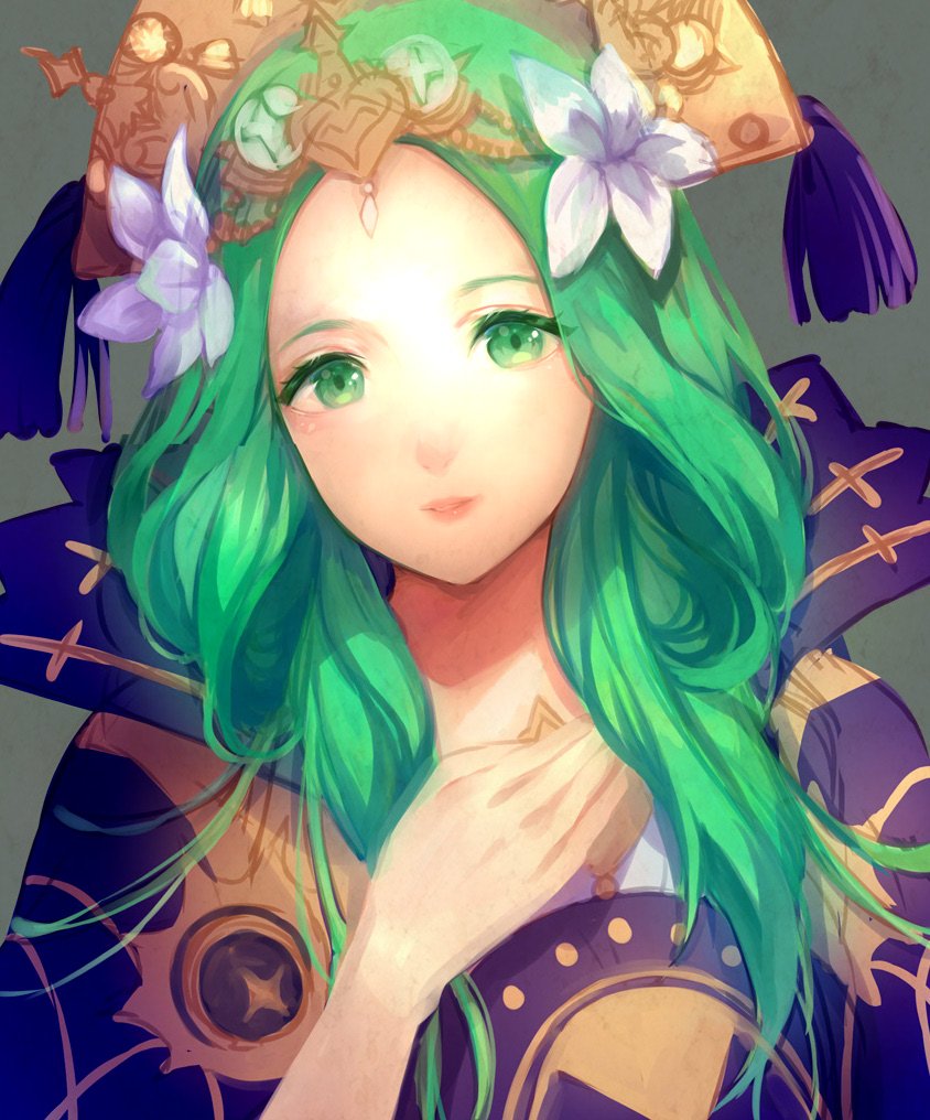 1girl closed_mouth dalachi_(headdress) fire_emblem fire_emblem:_three_houses flower green_eyes green_hair grey_background hair_flower hair_ornament jurge long_hair rhea_(fire_emblem) simple_background solo tiara upper_body