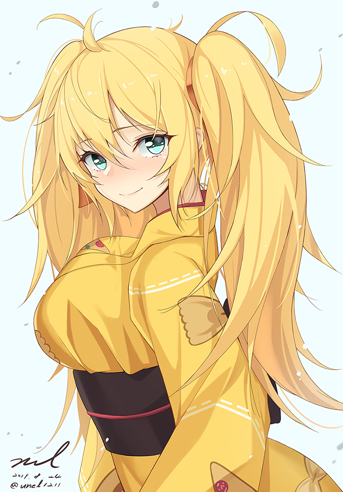 1girl aqua_eyes blonde_hair breasts closed_mouth dated girls_frontline hair_ribbon japanese_clothes kimono large_breasts long_hair long_sleeves looking_at_viewer looking_to_the_side obi ribbon s.a.t.8_(girls_frontline) sash sidelocks signature smile solo twintails twitter_username unel upper_body yellow_kimono yukata