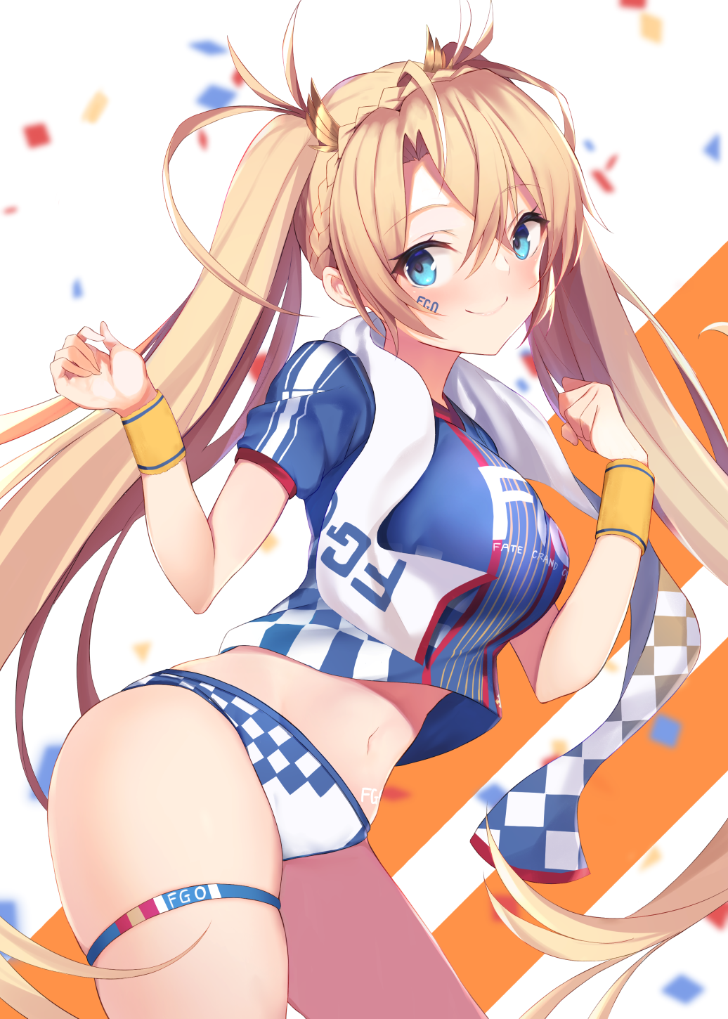 1girl bangs blonde_hair blue_eyes bradamante_(fate/grand_order) braid closed_mouth commentary_request eyebrows_visible_through_hair fate/grand_order fate_(series) hair_ornament heroic_spirit_festival_outfit highres leg_garter long_hair looking_at_viewer maosame midriff navel shirt smile solo striped striped_shirt towel towel_around_neck twintails vertical-striped_shirt vertical_stripes