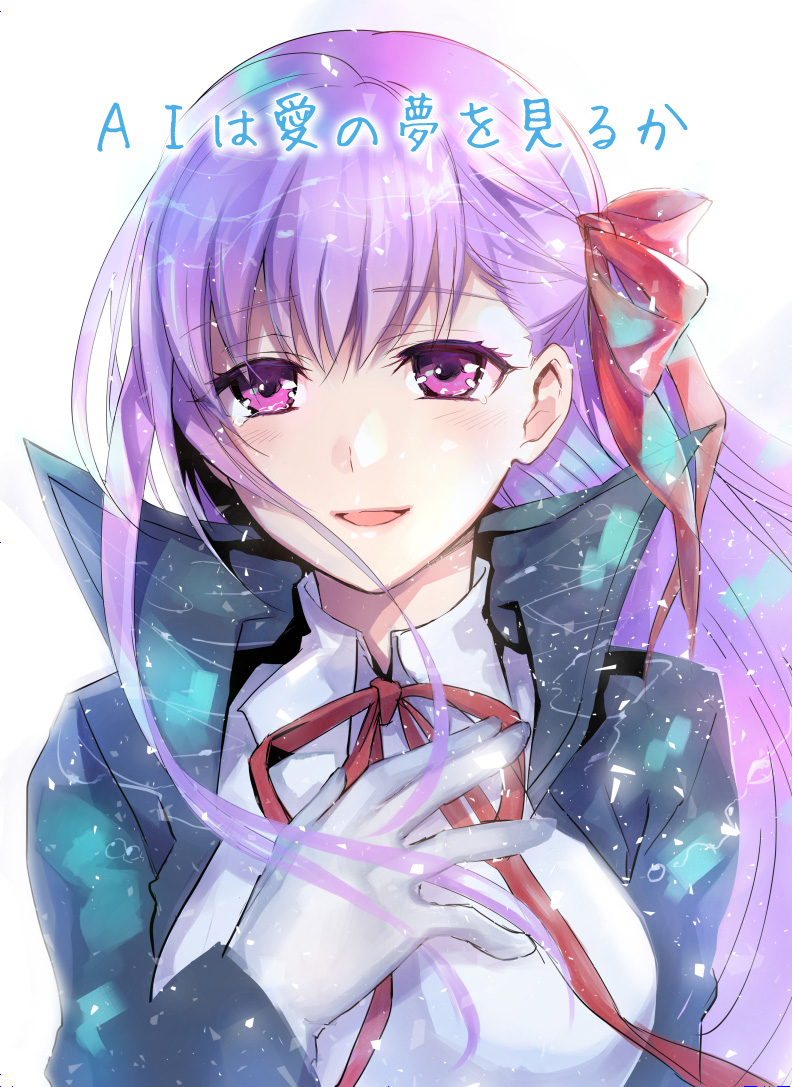 1girl :d bangs bb_(fate)_(all) bb_(fate/extra_ccc) eyebrows_visible_through_hair fate/extra fate/extra_ccc fate_(series) floating_hair gloves long_hair looking_at_viewer mintes neck_ribbon open_mouth purple_hair red_ribbon ribbon smile solo violet_eyes white_gloves