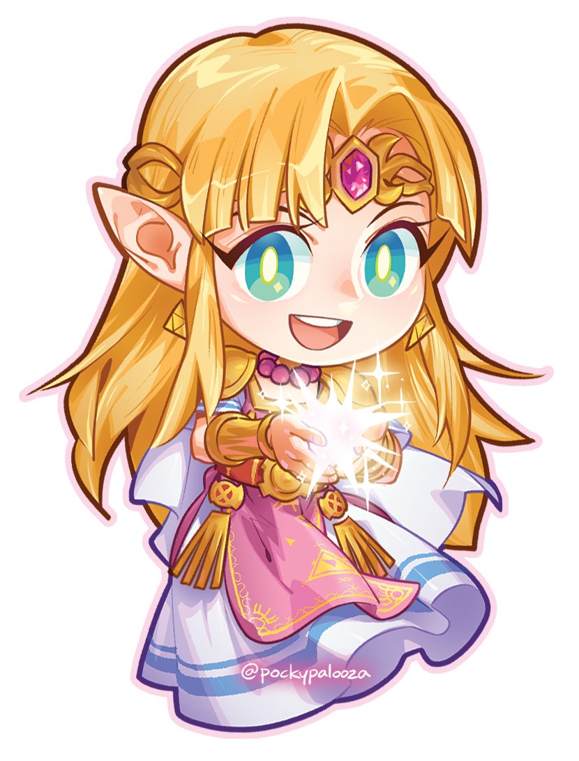 1girl :d bangs blonde_hair blue_eyes bracer chibi circlet dress earrings elf full_body gem hylian jewelry long_hair looking_at_viewer magic nintendo nintendo_ead open_mouth parted_bangs pauldrons pockypalooza pointy_ears princess_zelda round_teeth short_sleeves shoulder_armor sidelocks simple_background smile solo super_smash_bros. tabard teeth the_legend_of_zelda the_legend_of_zelda:_a_link_between_worlds the_legend_of_zelda:_a_link_to_the_past triforce twitter_username upper_teeth very_long_hair white_background white_dress