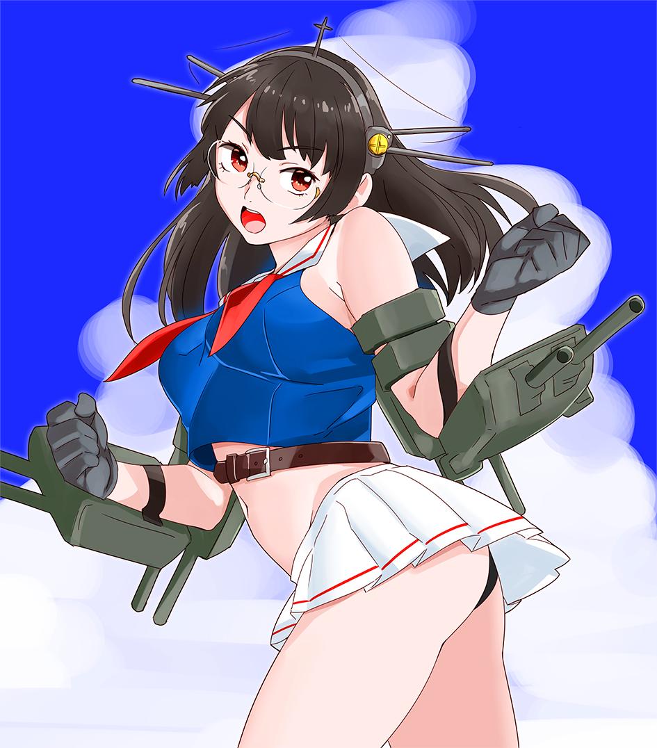 1girl black_gloves black_hair black_panties blue_shirt blue_sky choukai_(kantai_collection) clouds cowboy_shot crop_top glasses gloves hair_ornament headgear kantai_collection long_hair looking_at_viewer machinery midriff ojipon open_mouth panties pleated_skirt red_eyes rimless_eyewear round_teeth sailor_collar shirt skirt sky solo teeth underwear upper_teeth white_sailor_collar white_skirt