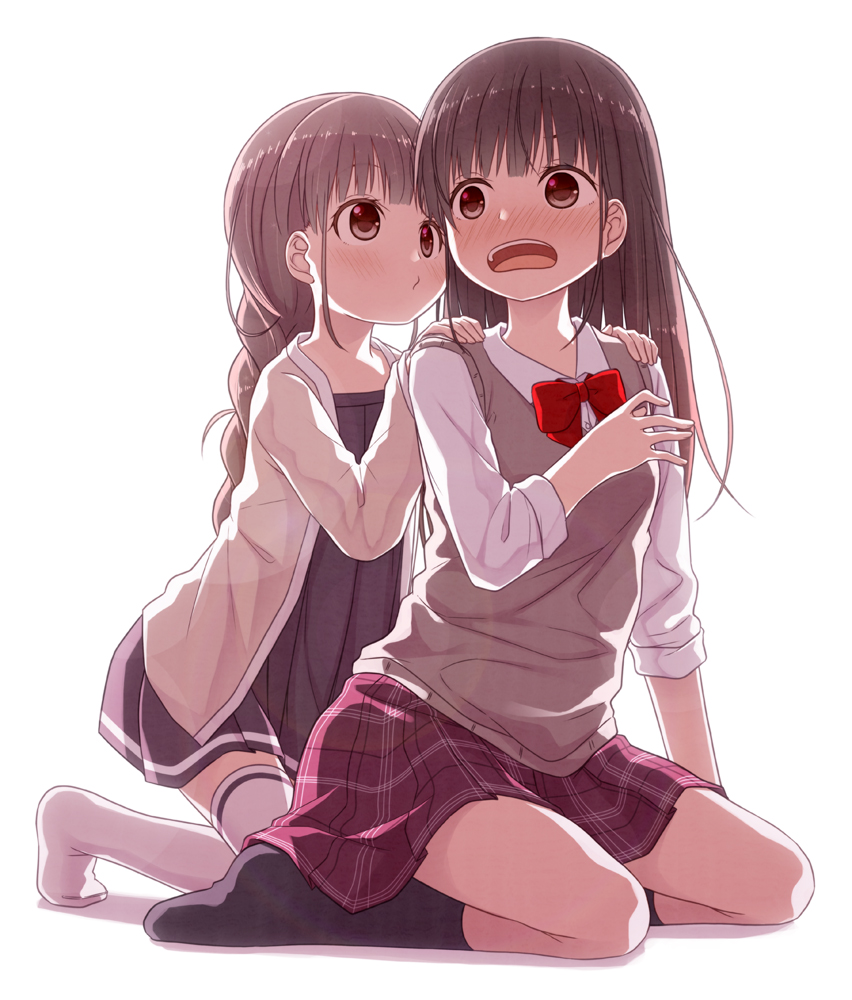 2girls age_difference bangs black_dress black_legwear blush bow braid breasts brown_eyes brown_hair brown_jacket closed_mouth collared_shirt commentary_request dress dress_shirt eyebrows_visible_through_hair hands_on_another's_shoulders jacket kago_no_tori kneeling long_hair long_sleeves multiple_girls no_shoes nose_blush open_clothes open_jacket open_mouth original pleated_dress pleated_skirt red_bow red_skirt school_uniform seiza shadow shirt single_braid sitting skirt sleeves_past_wrists small_breasts socks sweater_vest thigh-highs very_long_hair white_legwear white_shirt yuri