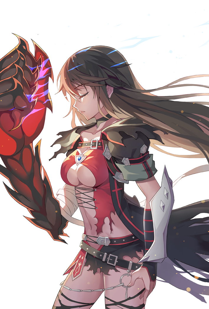 1girl bandaged_arm bandages black_choker black_hair black_shorts breasts choker claws ling_si long_hair medium_breasts shorts simple_background solo tales_of_(series) tales_of_berseria torn_clothes torn_legwear torn_shorts under_boob velvet_crowe very_long_hair yellow_eyes