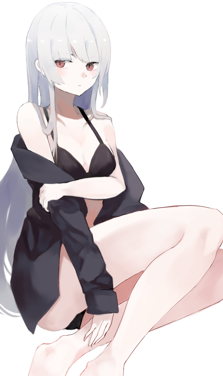 1girl bangs bare_legs bare_shoulders barefoot bikini bikini_under_clothes black_bikini black_shirt blush closed_mouth collarbone eyebrows_visible_through_hair grey_hair highres long_hair long_sleeves looking_at_viewer off_shoulder ogami_ren open_clothes open_shirt original red_eyes shirt simple_background sitting sleeves_past_wrists solo swimsuit very_long_hair white_background