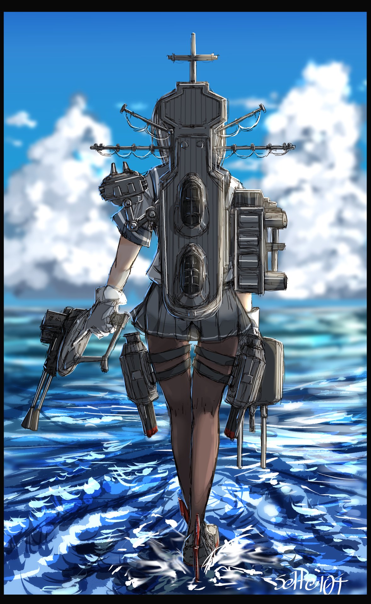 1girl adapted_turret black_legwear blue_sky cannon clouds commentary_request day from_behind gloves grey_skirt hamakaze_(kantai_collection) highres kantai_collection machinery outdoors pantyhose pleated_skirt rudder_footwear school_uniform seitei_(04seitei) serafuku short_hair silver_hair skirt sky solo turret walking walking_on_liquid white_gloves