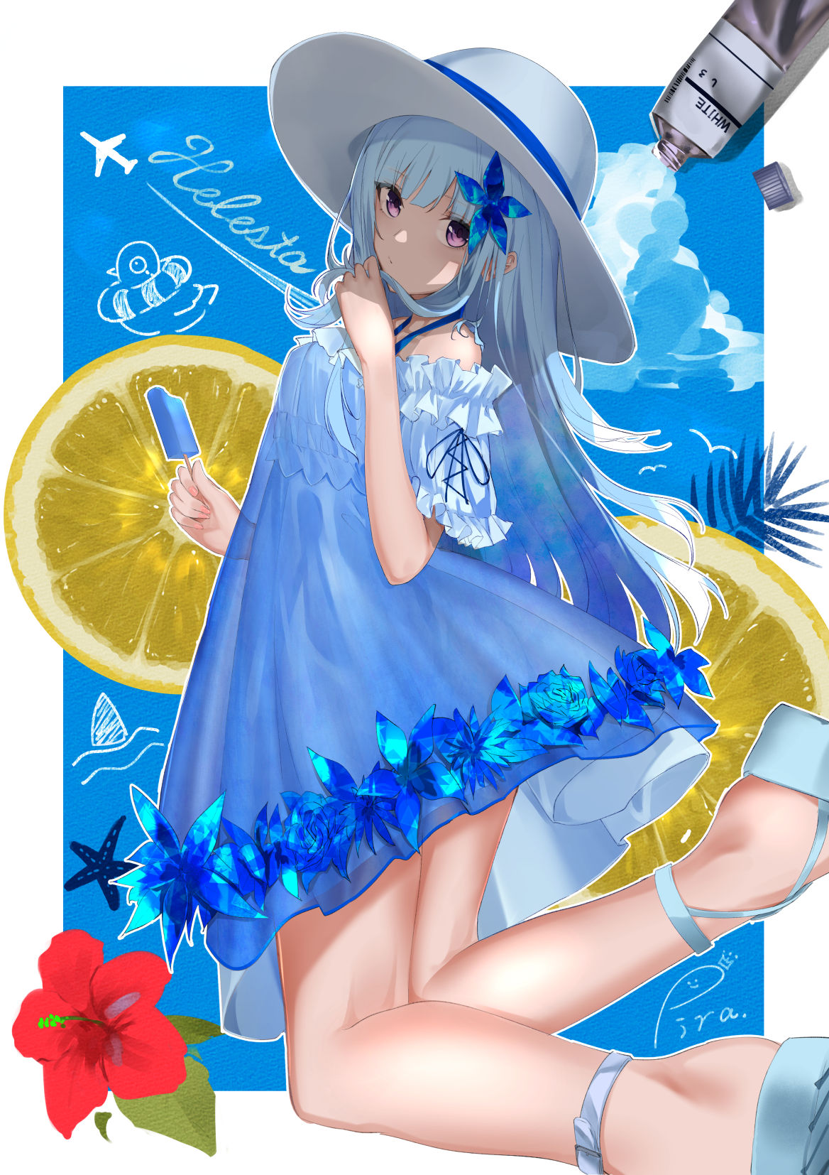 1girl bangs blue_background blue_dress blue_flower blue_hair blunt_bangs breasts closed_mouth clouds commentary dress feet_out_of_frame flower food from_side fruit hair_flower hair_ornament hat hibiscus highres holding holding_food lemon lemon_slice lize_helesta long_hair looking_at_viewer looking_back medium_breasts nijisanji paint pirapirapirapira platform_footwear popsicle sandals signature sun_hat thighs violet_eyes virtual_youtuber white_footwear