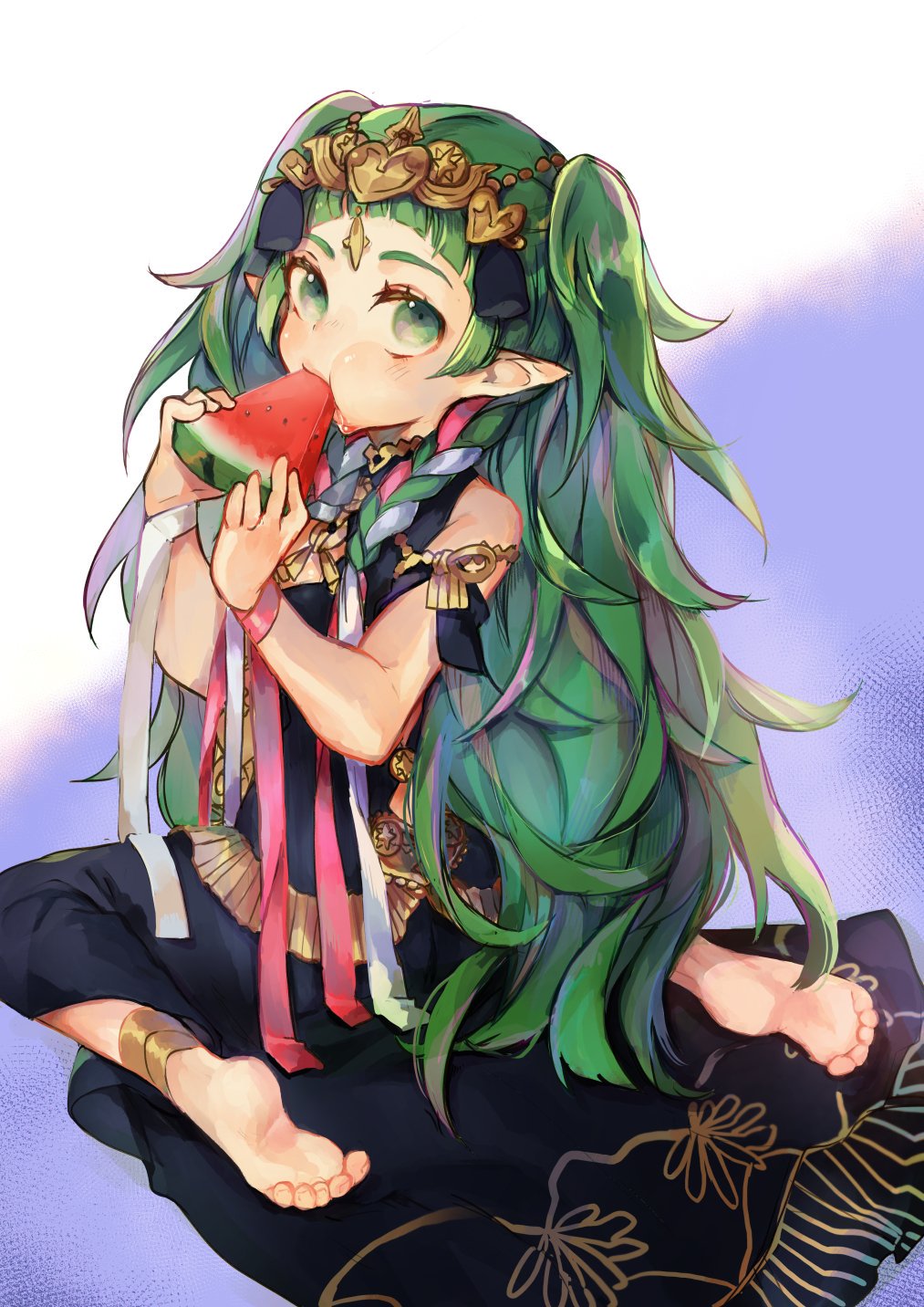 1girl braid eating fire_emblem fire_emblem:_three_houses food fruit full_body green_eyes green_hair hair_ornament highres long_hair looking_back manakete motoaki pointy_ears sitting solo sothis_(fire_emblem) tiara twin_braids watermelon