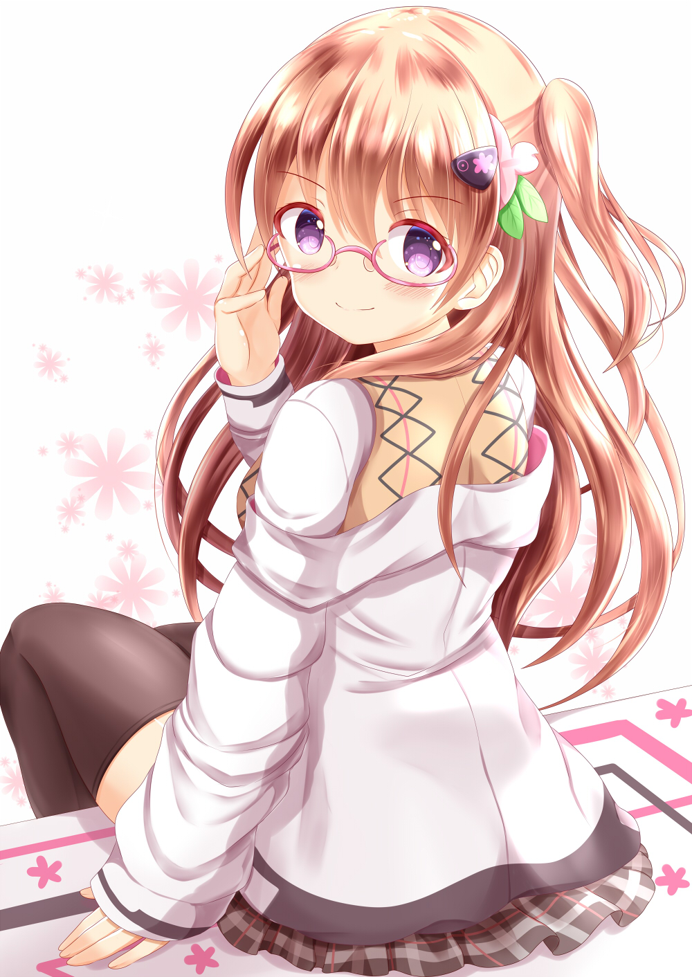 &gt;:) 1girl adjusting_eyewear arm_support bangs blush brown_hair brown_legwear clockwork_rabbit closed_mouth commentary_request eyebrows_visible_through_hair fingernails floral_background gochuumon_wa_usagi_desu_ka? hair_between_eyes hair_ornament hairclip hand_up highres hoto_cocoa jacket long_hair long_sleeves off_shoulder one_side_up open_clothes open_jacket pink-framed_eyewear semi-rimless_eyewear shirt sitting sleeves_past_wrists smile solo sweater_vest thigh-highs under-rim_eyewear v-shaped_eyebrows very_long_hair violet_eyes white_background white_jacket white_shirt zenon_(for_achieve)