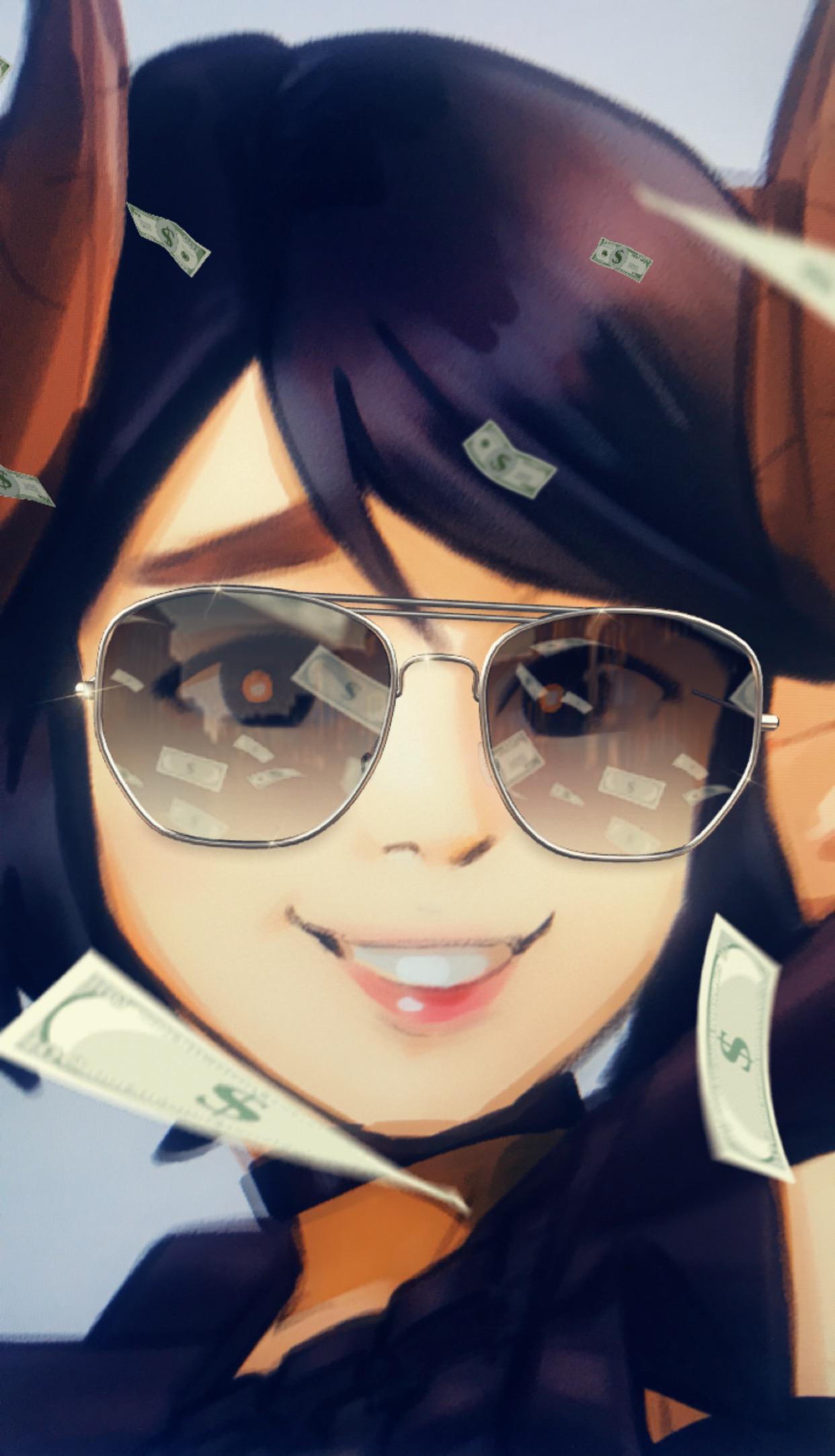 1girl bangs black_hair choker close-up commentary demon_girl demon_horns english_commentary facing_viewer grin highres horns lips meme money original ray-ban reflection smile solo sunglasses swept_bangs thirnz