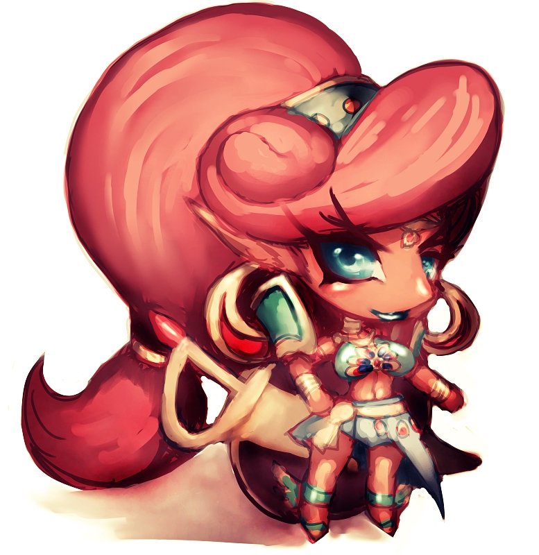 1girl blue_eyes breasts chibi dark_skin fumio_(rsqkr) gerudo hand_on_hip large_breasts lipstick long_hair looking_at_viewer makeup pointy_ears ponytail simple_background solo sword the_legend_of_zelda the_legend_of_zelda:_breath_of_the_wild thighs urbosa very_long_hair weapon white_background