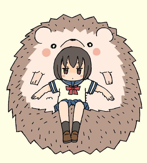 1girl animal beige_background black_legwear blue_sailor_collar blue_skirt blush_stickers bow brown_eyes brown_footwear brown_hair closed_mouth commentary_request full_body hedgehog loafers looking_at_viewer original oversized_animal pleated_skirt red_bow sailor_collar school_uniform serafuku shirt shoes short_hair short_sleeves simple_background skirt socks solo white_shirt yukimoto_shuuji_(gurigura)