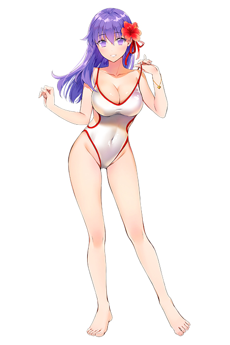 1girl bangs barefoot bracelet breasts collarbone competition_swimsuit contrapposto covered_navel eyebrows_visible_through_hair fate/stay_night fate_(series) floating_hair flower full_body hair_ribbon hibiscus highleg highleg_swimsuit ice_(ice_aptx) jewelry large_breasts long_hair looking_at_viewer matou_sakura off_shoulder one-piece_swimsuit parted_lips purple_hair red_ribbon redhead ribbon shiny shiny_hair simple_background solo standing straight_hair swimsuit violet_eyes white_background white_swimsuit