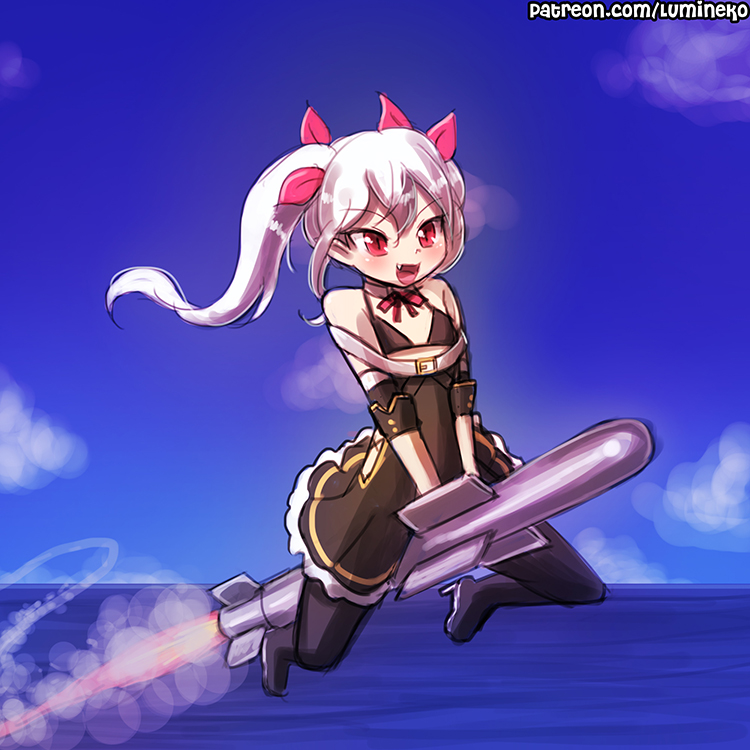 1girl azur_lane black_legwear clouds commentary english_commentary fang lumineko missile object_namesake red_eyes riding sky slit_pupils twintails vampire_(azur_lane) white_hair