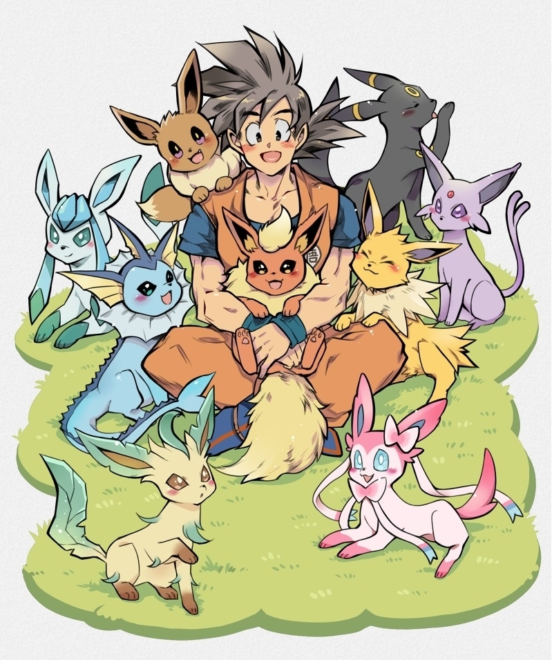 aqua_eyes ayo_(isy8800) black_eyes black_hair blue_eyes blue_footwear boots brown_eyes crossover dougi dragon_ball dragon_ball_z eevee espeon flareon gen_1_pokemon gen_2_pokemon gen_4_pokemon gen_6_pokemon glaceon grass indian_style jolteon leafeon muscle open_mouth orange_eyes pokemon pokemon_(creature) sitting smile son_gokuu sylveon umbreon vaporeon violet_eyes wristband