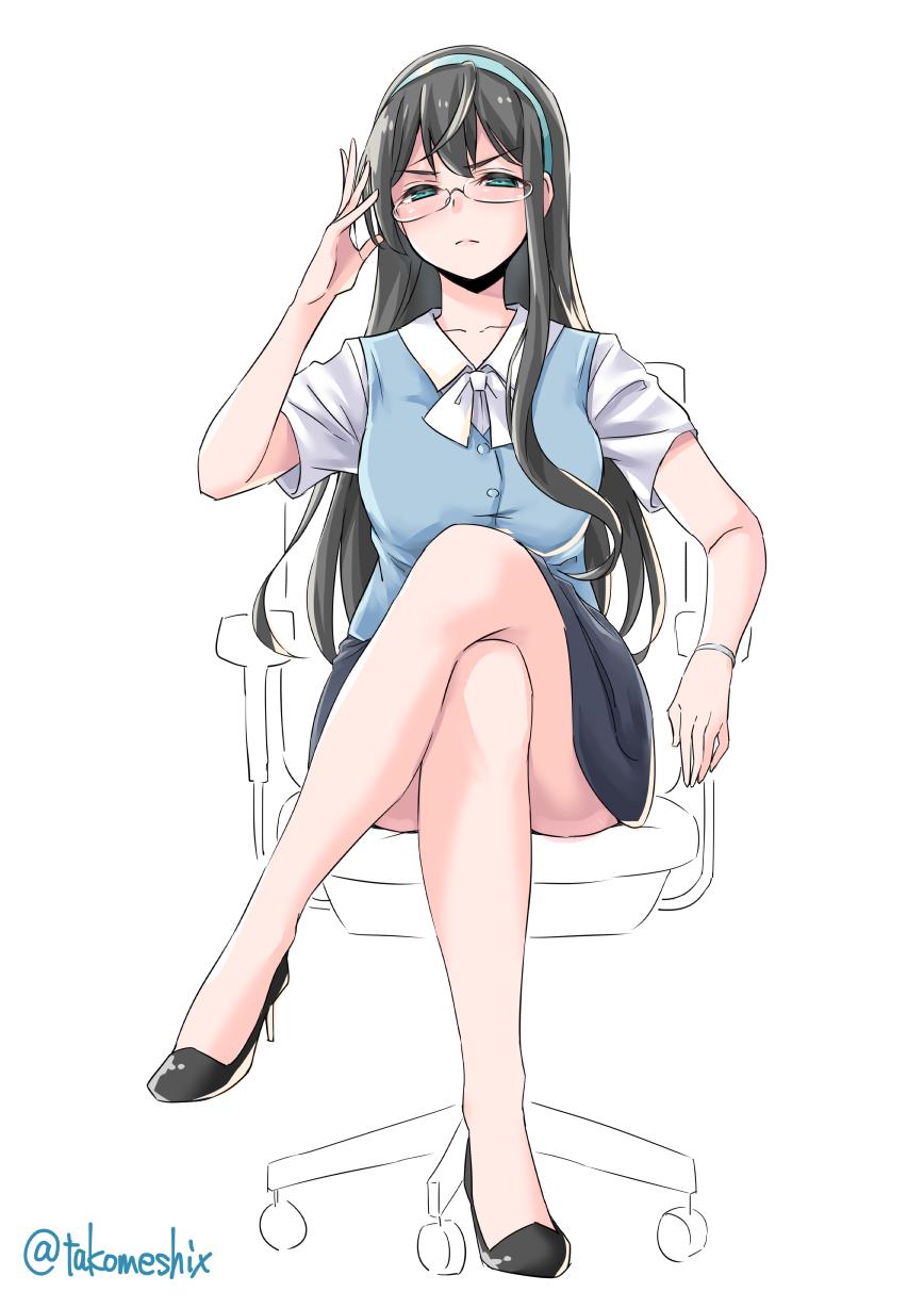 1girl adjusting_eyewear alternate_costume black_hair black_skirt blue_eyes blue_hairband blue_vest chair commentary_request crossed_legs dress_shirt full_body hairband highres kantai_collection long_hair office_lady ooyodo_(kantai_collection) pencil_skirt shirt simple_background sitting skirt solo takomeshi twintails vest white_background white_shirt