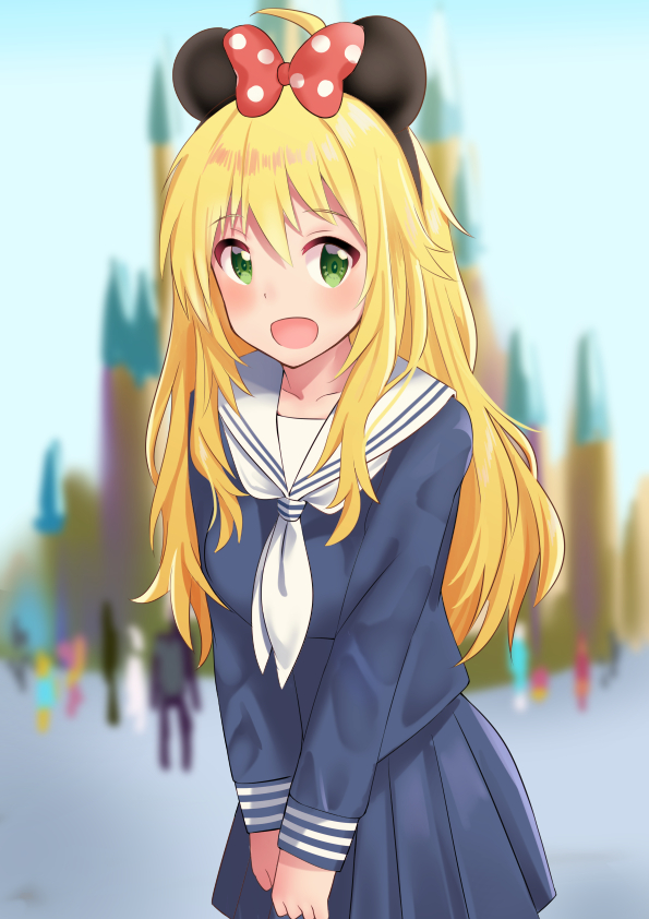 1girl :d ahoge animal_ears blonde_hair blue_shirt blue_skirt blurry blurry_background blush collarbone commentary_request day disney_world eyebrows_visible_through_hair fake_animal_ears green_eyes hair_between_eyes hoshii_miki idolmaster idolmaster_cinderella_girls koukoku logn_sleeves long_hair mickey_mouse_ears mouse_ears open_mouth shirt skirt smile solo_focus