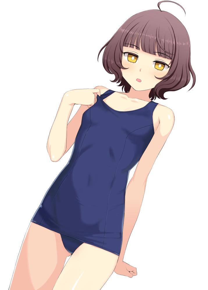 1girl ahoge alternate_costume ass_visible_through_thighs bangs blue_swimsuit blunt_bangs brown_hair collarbone cowboy_shot eyebrows_visible_through_hair flat_chest kantai_collection kishinami_(kantai_collection) kumadano looking_at_viewer old_school_swimsuit open_mouth school_swimsuit short_hair simple_background solo swimsuit wavy_hair white_background yellow_eyes