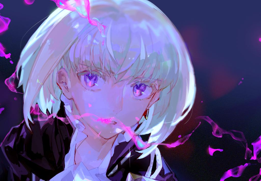 1boy close-up cravat earrings face fire green_hair jewelry kibadori_rue lio_fotia lips male_focus open_mouth parted_lips promare short_hair solo violet_eyes