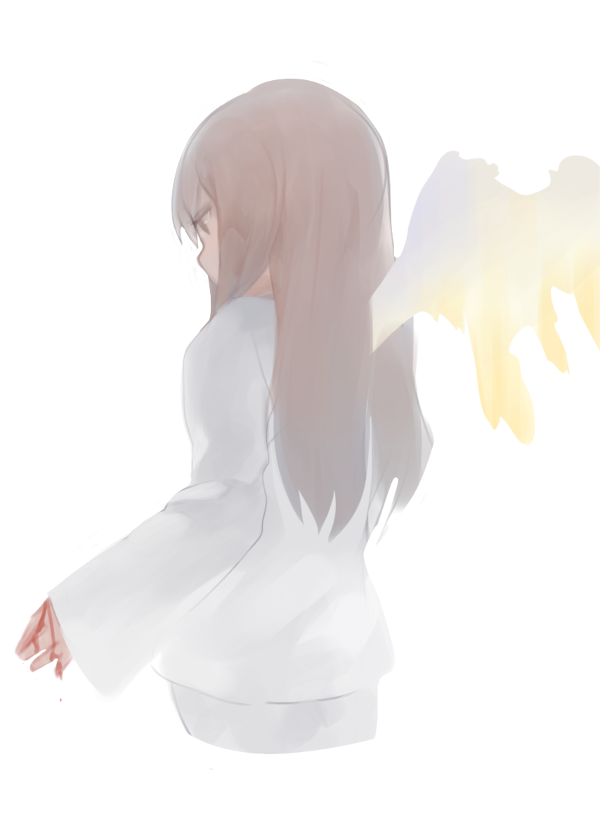 1girl bangs blood brown_hair cropped_legs dokomon hair_between_eyes long_hair long_sleeves looking_away looking_down original profile shirt sidelocks simple_background sleeves_past_wrists solo white_background white_shirt wings yellow_wings