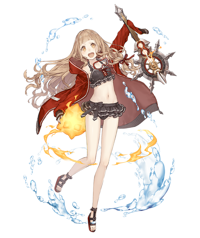1girl :d blonde_hair diving_mask diving_mask_around_neck frills full_body instrument jacket jacket_over_swimsuit ji_no little_red_riding_hood_(sinoalice) long_hair looking_at_viewer navel official_art open_mouth orange_eyes ribbon sandals sinoalice sleeves_past_wrists smile solo swimsuit transparent_background upper_teeth water