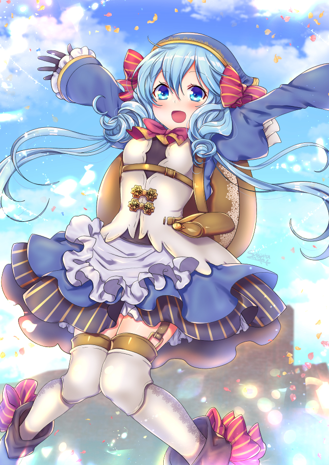 1girl :d arms_up backpack bag blue_eyes blue_hair blush bow clouds cloudy_sky commentary_request day garter_straps gloves hair_bow knees_together_feet_apart long_hair long_sleeves open_mouth sennen_sensou_aigis sky smile solo suou_sakura thigh-highs totono_(sennen_sensou_aigis) white_legwear